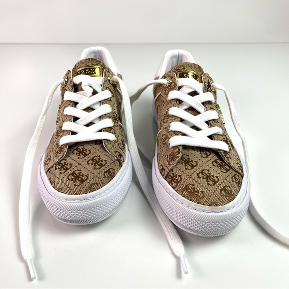 Guess Loven Sneaker Brown White Gold Logo Print with Stone Accent Sz 8 Medium - Picture 4 of 9
